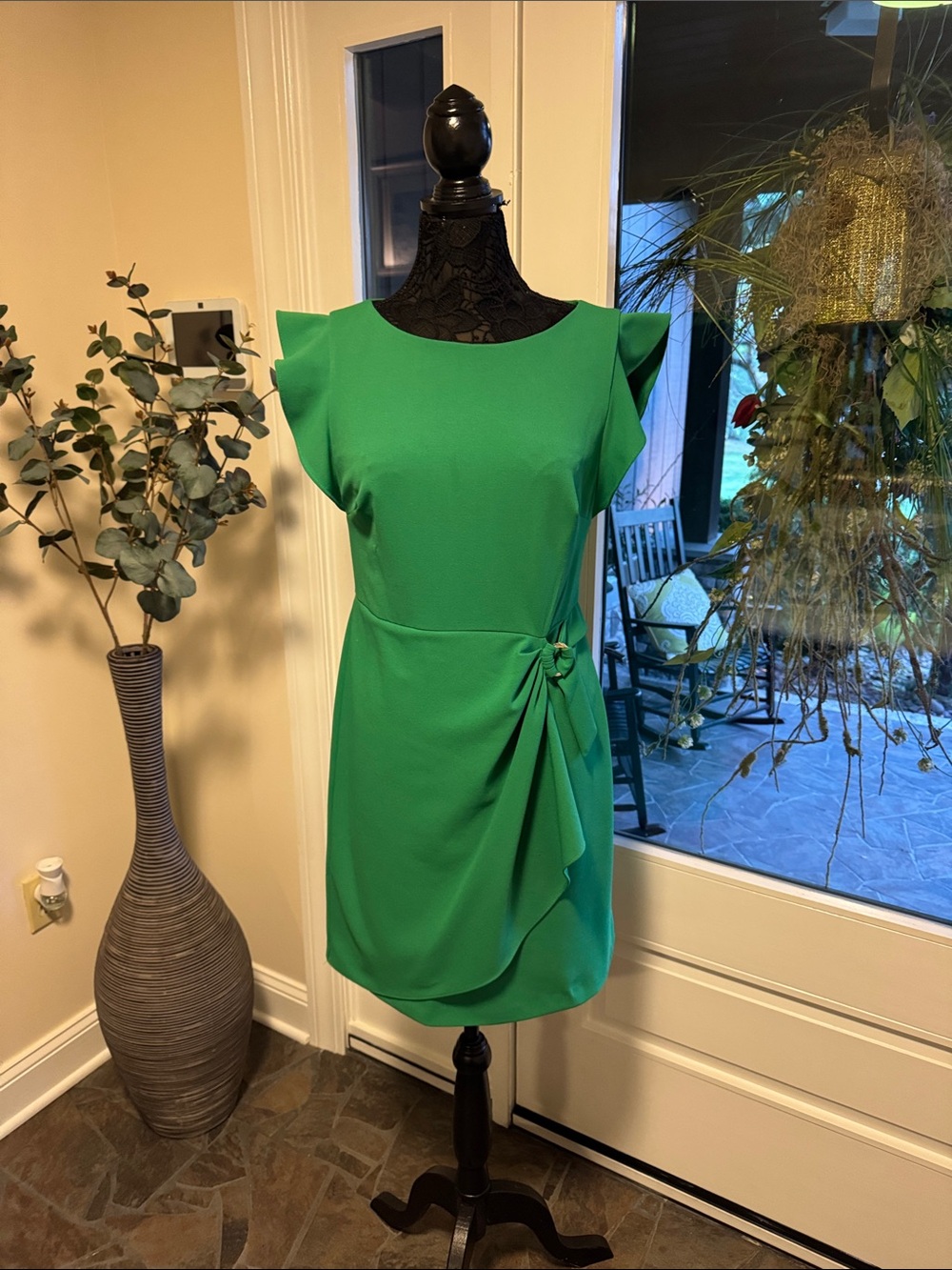 DKNY Emerald Green Flutter Sleeve Sheath Dress